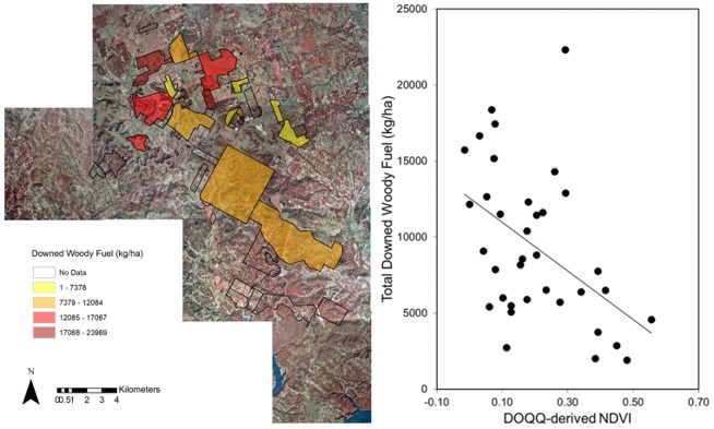 (Left) Spatial extent of downed woody fuels (kg/ha) across the BCNWR. (Right) Total downed woody fuel correlated to normalized vegetation index (NDVI) for the fuel sampled locations